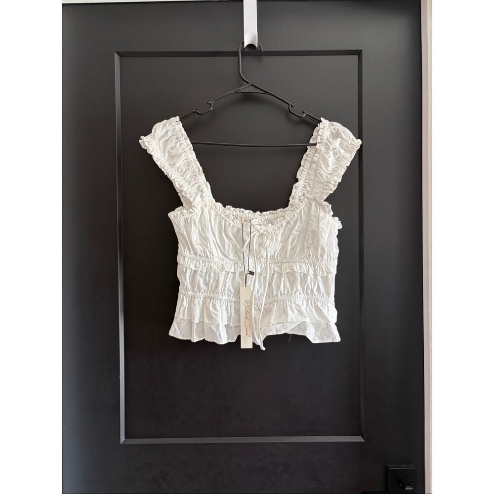 NWT Mustard Seed White Smocked Crop Top Square Neck Ruffle Tie Front Cotton L
